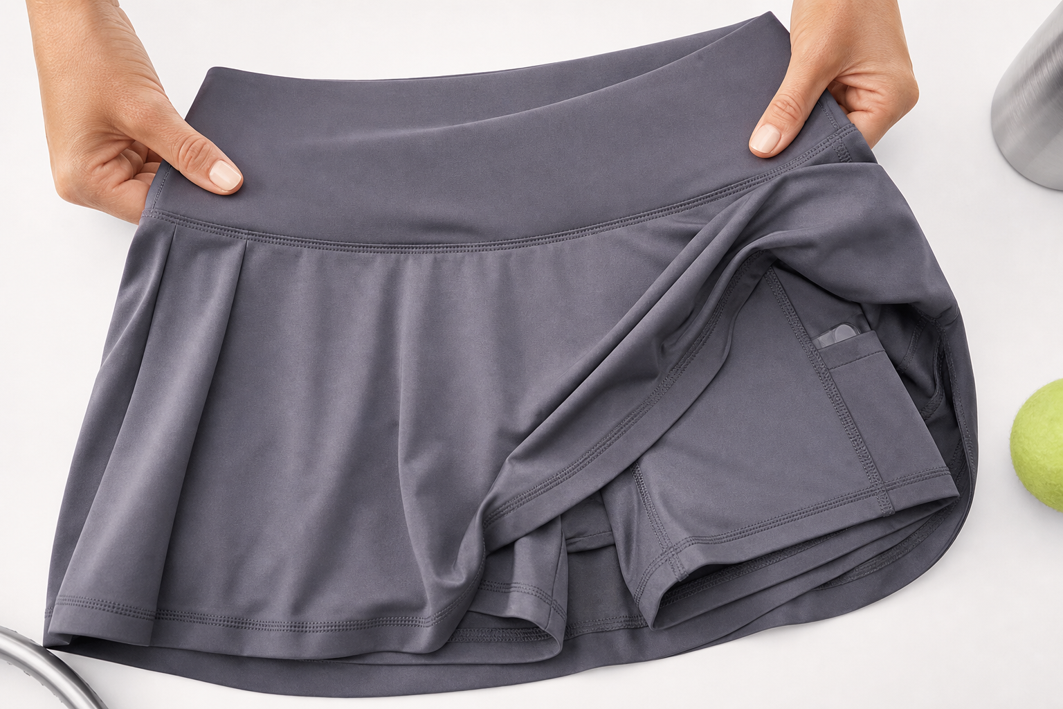 Close-up of skort waistband, liner, and pocket