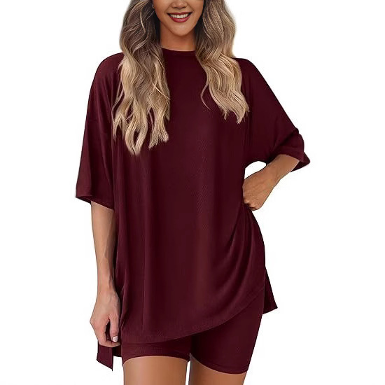 Ivory Beige Short-Sleeve High-Slit Two-Piece Set styled scene