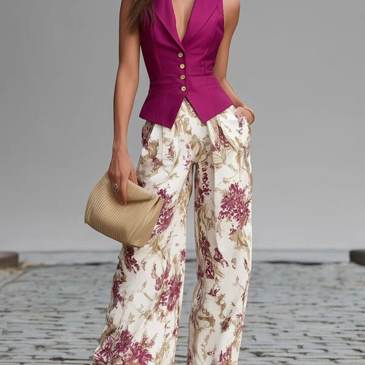 Ivory Beige Button-Front Slim Fit Two-Piece Set