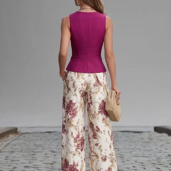 Ivory Beige Button-Front Slim Fit Two-Piece Set styled scene