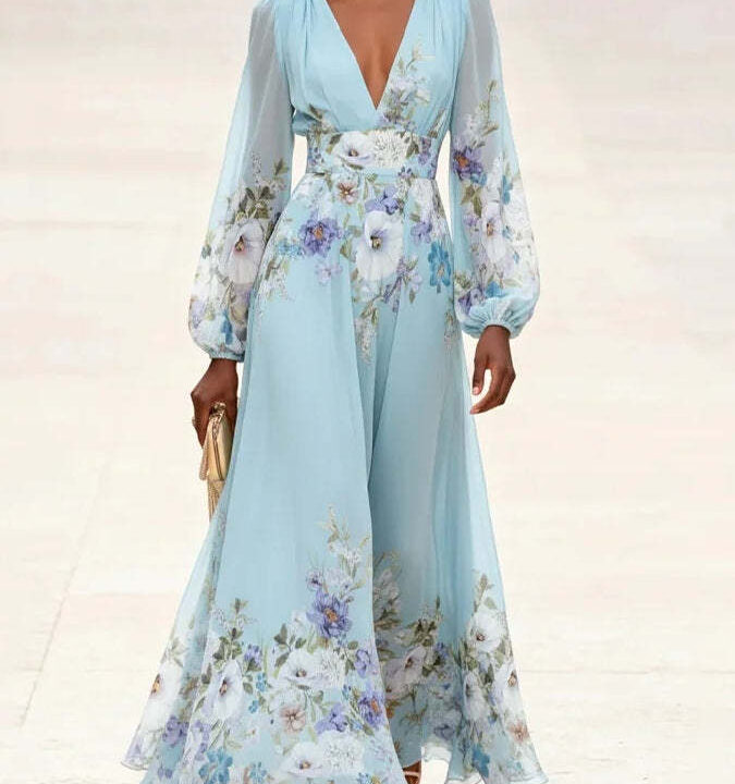 Printed V-Neck Long-Sleeve Dress
