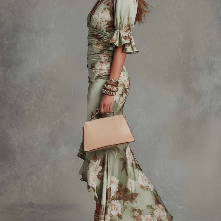Printed V-Neck Ruffle Dress styled scene
