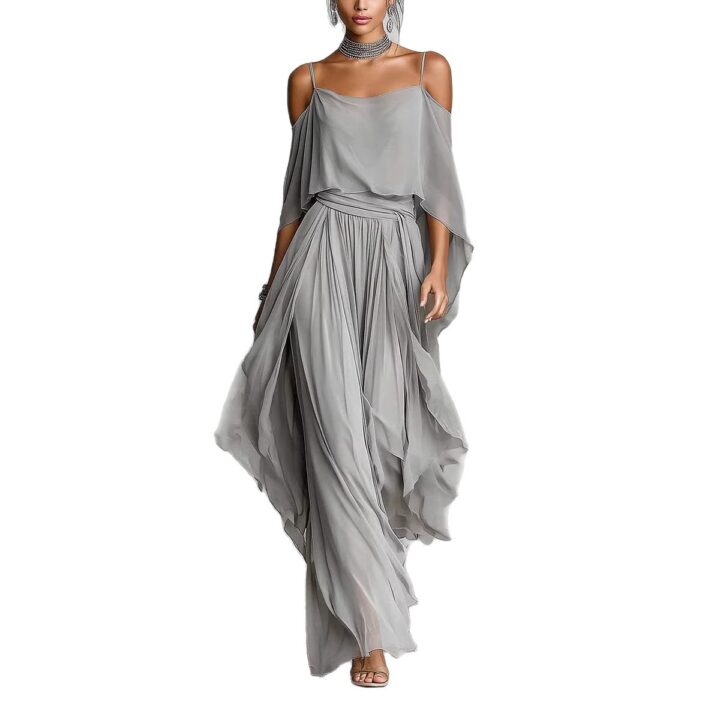Lavender Off-Shoulder Chiffon Two-Piece Set styled scene