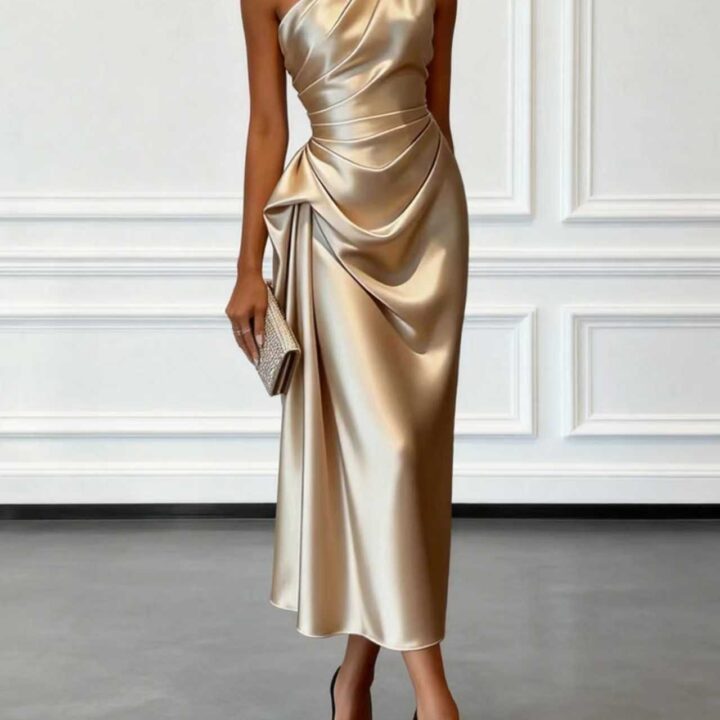 Soft Pink One-Shoulder Pleated Dress