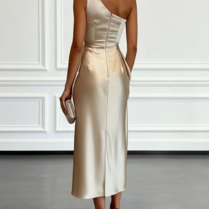 Soft Pink One-Shoulder Pleated Dress styled scene
