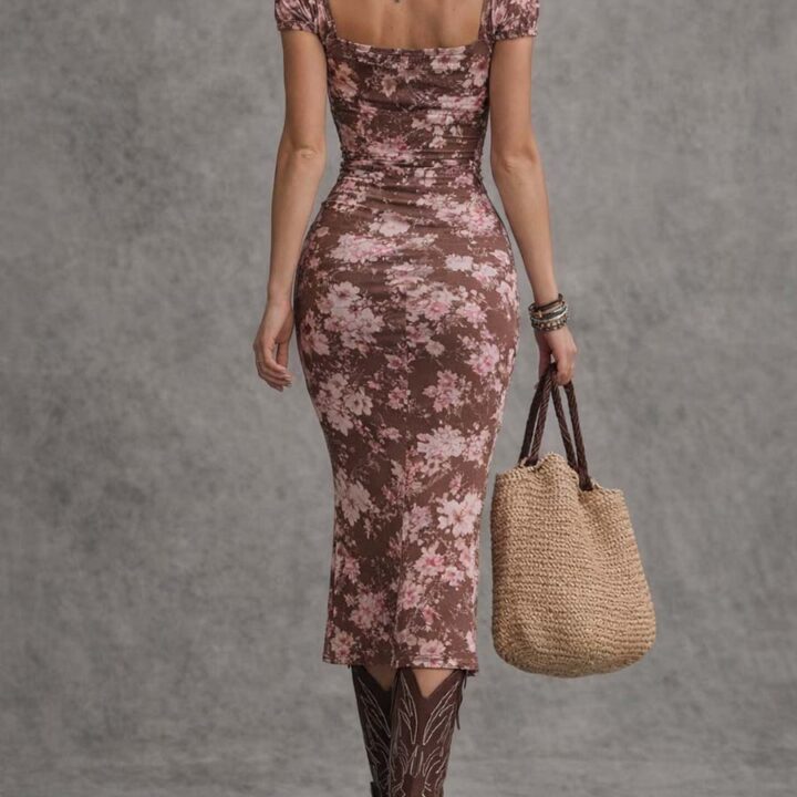 Printed Short-Sleeve High-Slit Dress styled scene