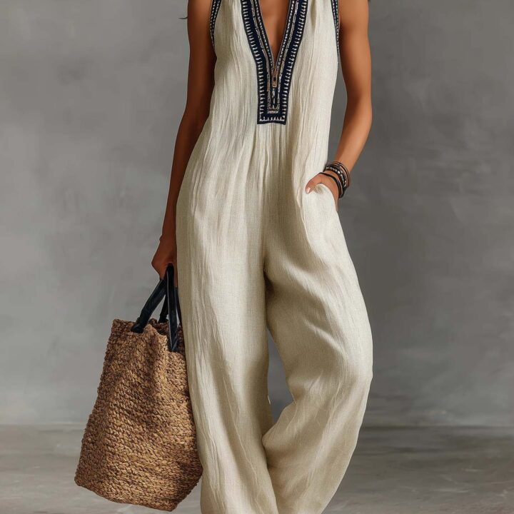 Blue Sleeveless Embroidered Jumpsuit