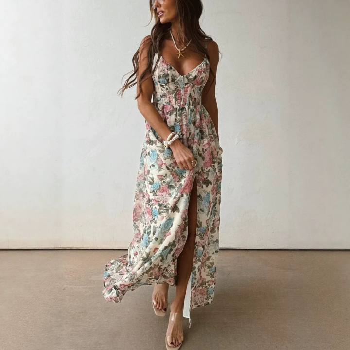Printed V-Neck High-Slit Dress