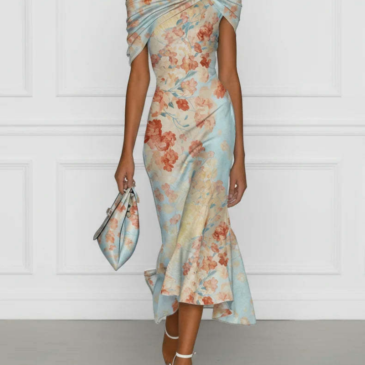 Printed Off-Shoulder Short-Sleeve Dress