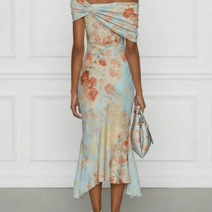Printed Off-Shoulder Short-Sleeve Dress styled scene