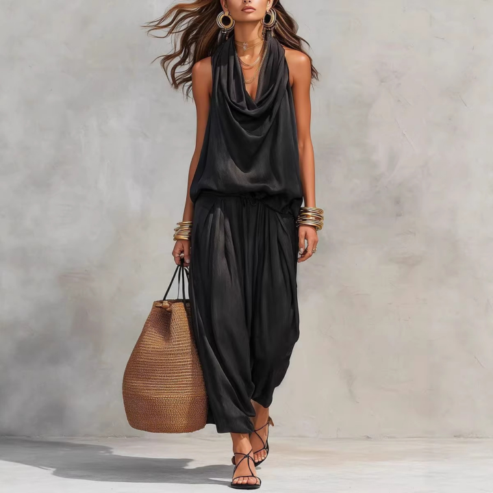 Black V-Neck Ruffle Two-Piece Set styled scene
