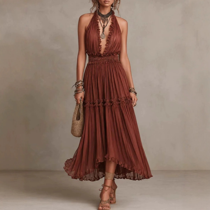 Ivory Beige V-Neck Halter Neck Dress styled scene