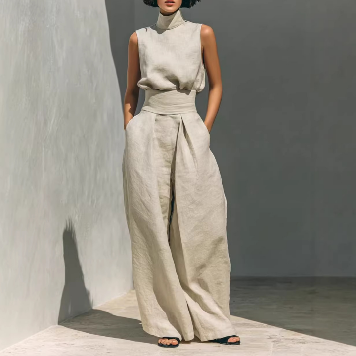 Sage Green Sleeveless Linen-Blend Two-Piece Set