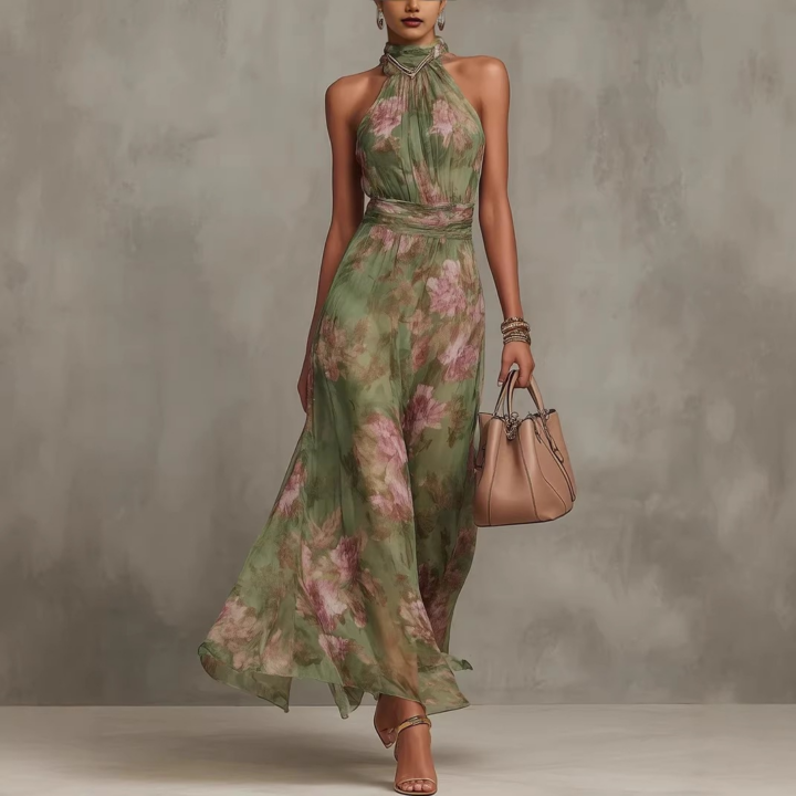 Printed Mesh Pleated Dress