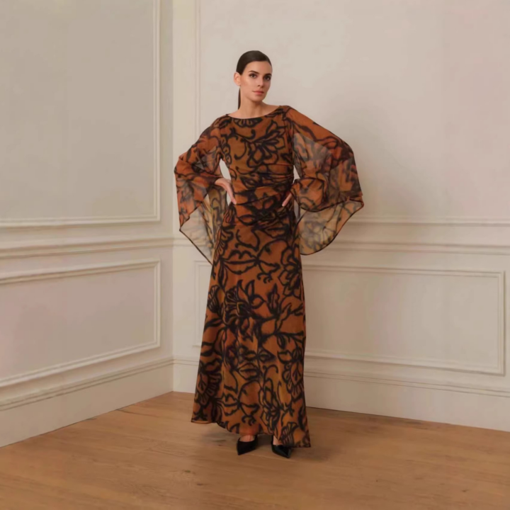 Printed Long-Sleeve Chiffon Dress