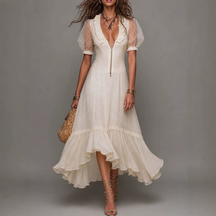 White V-Neck Ruffle Dress styled scene