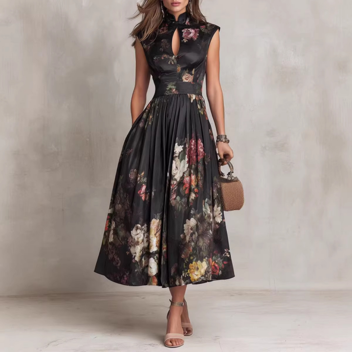 Black Sleeveless Print Dress styled scene