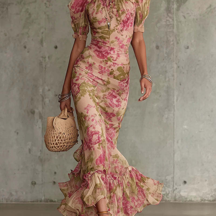Printed Puff-Sleeve Pleated Dress