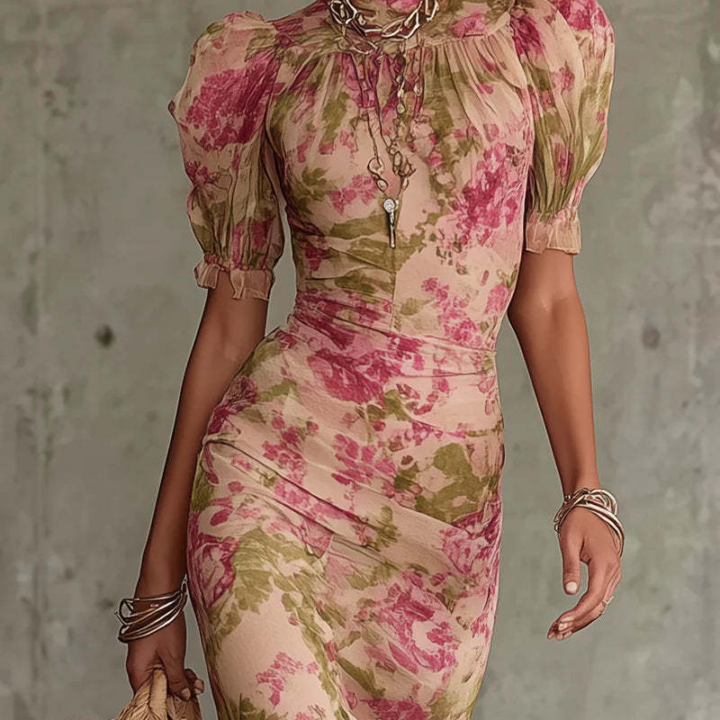 Printed Puff-Sleeve Pleated Dress styled scene