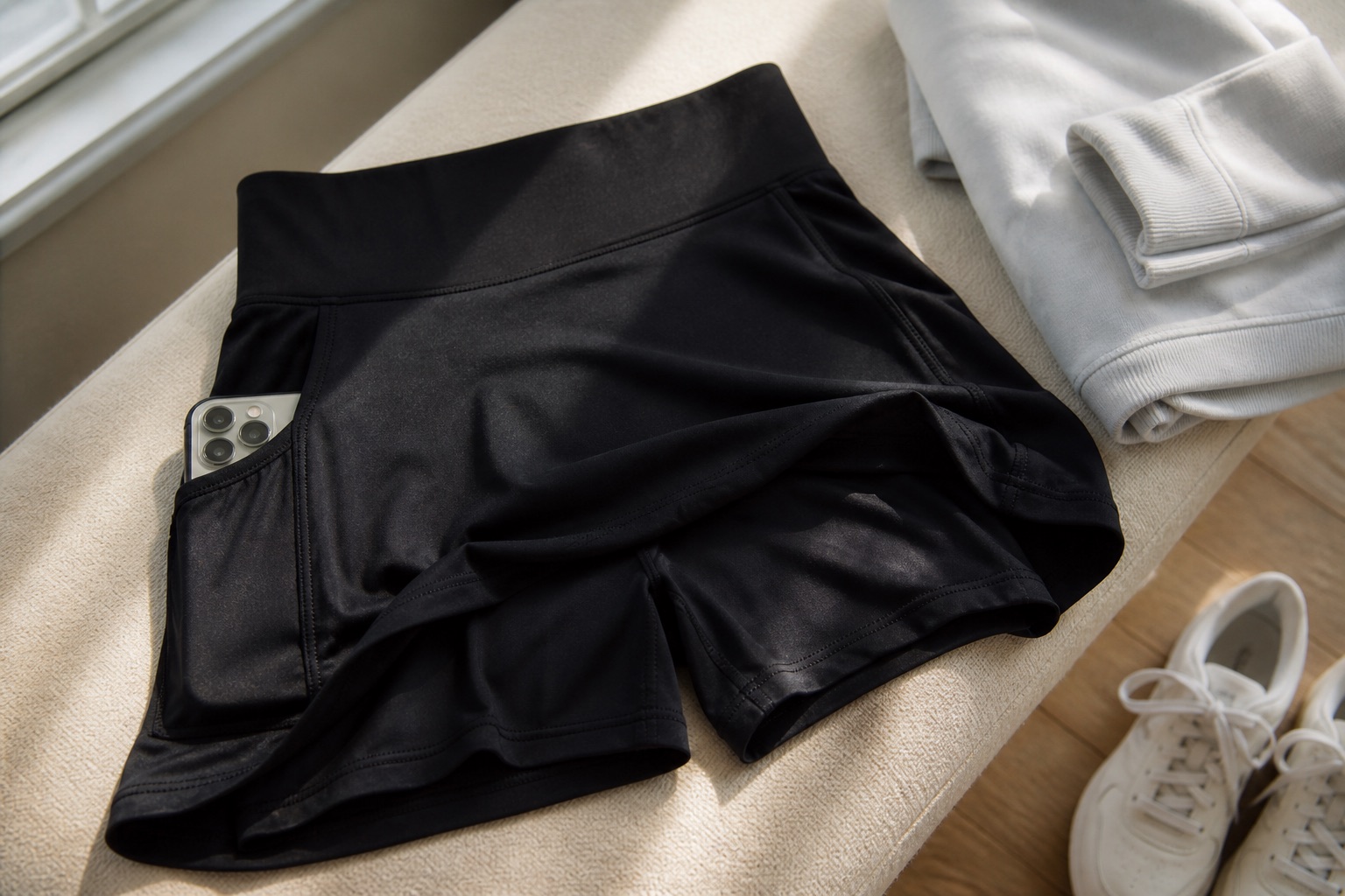 Black active skort with fabric folds and a phone tucked into a side pocket