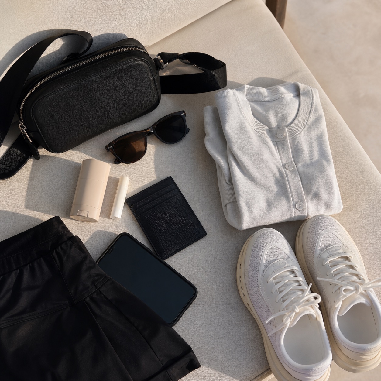 Small match day bag, sunglasses, sunscreen stick, phone, cardigan, sneakers, and skort fabric laid out on a bench